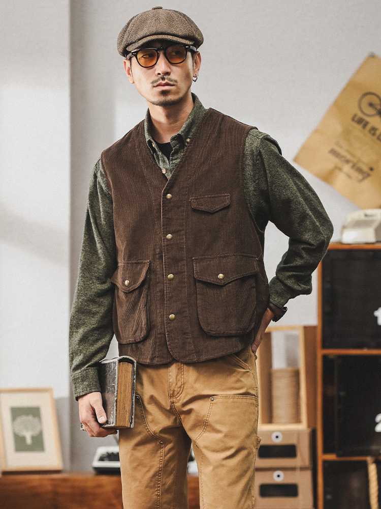 ベスト メンズ 多機能コーデュロイハンティングベスト