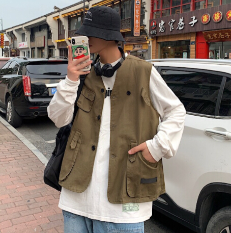 メンズ ベスト 多機能ポケット付き黒無地