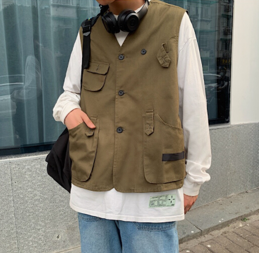 メンズ ベスト 多機能ポケット付き黒無地