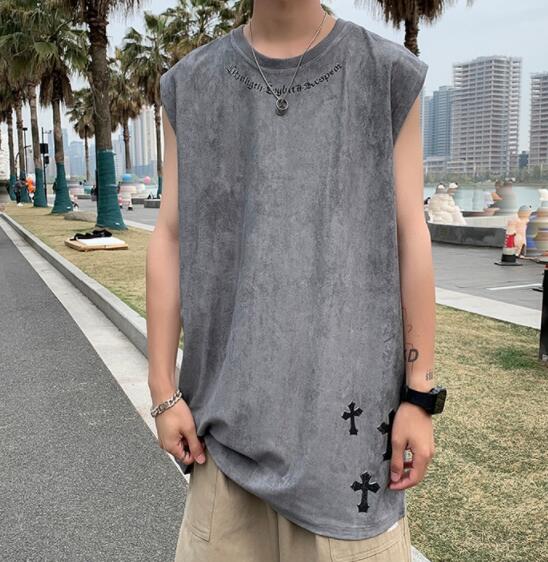 メンズ ベスト メンズ ノースリーブベスト 黒 夏用 十字架柄