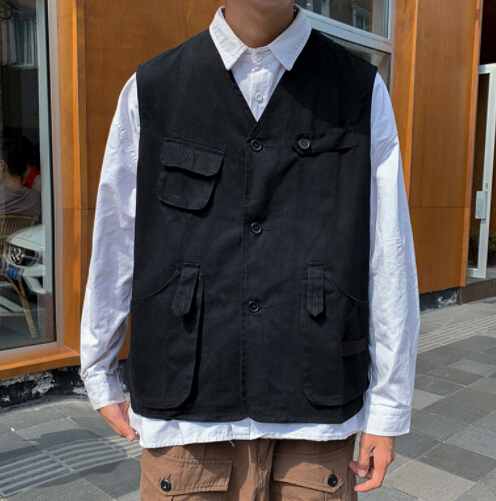 メンズ ベスト 多機能ポケット付き黒無地