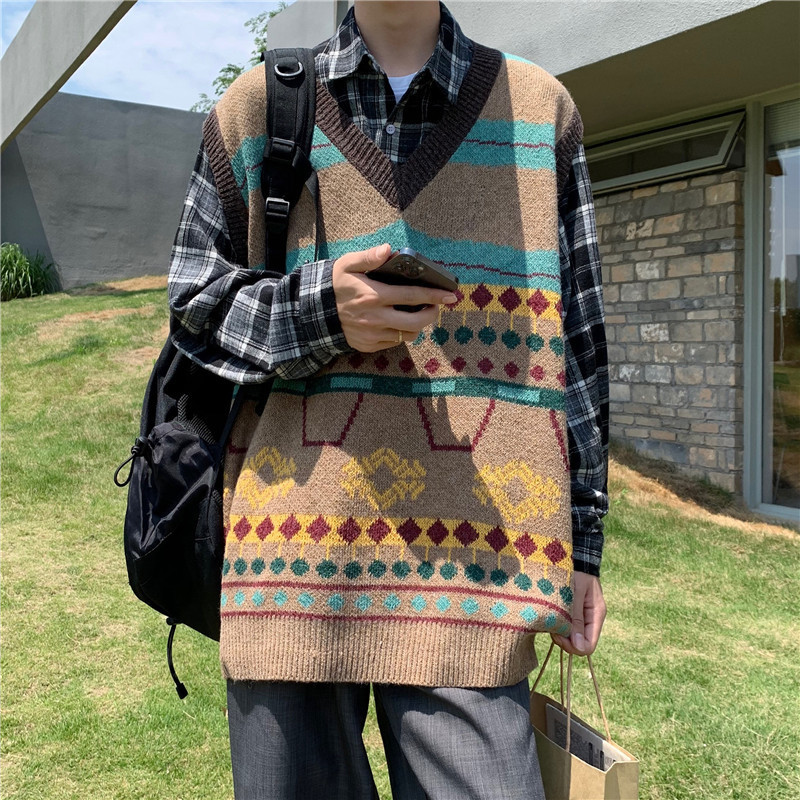 ベスト メンズ 民族調ジャカード柄ニットベスト