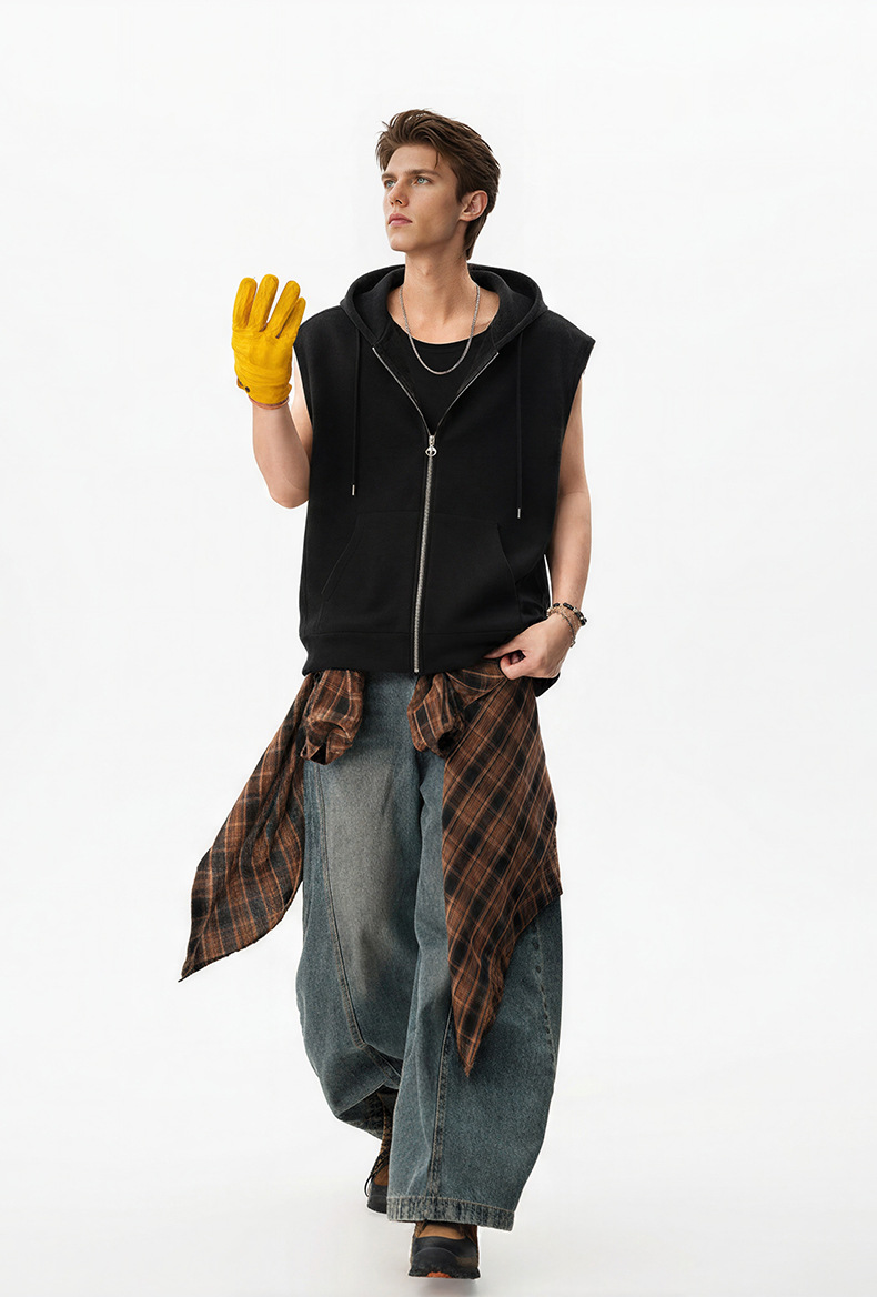 メンズ ベスト メンズ フード付きスウェットベスト ジップアップ 全3色