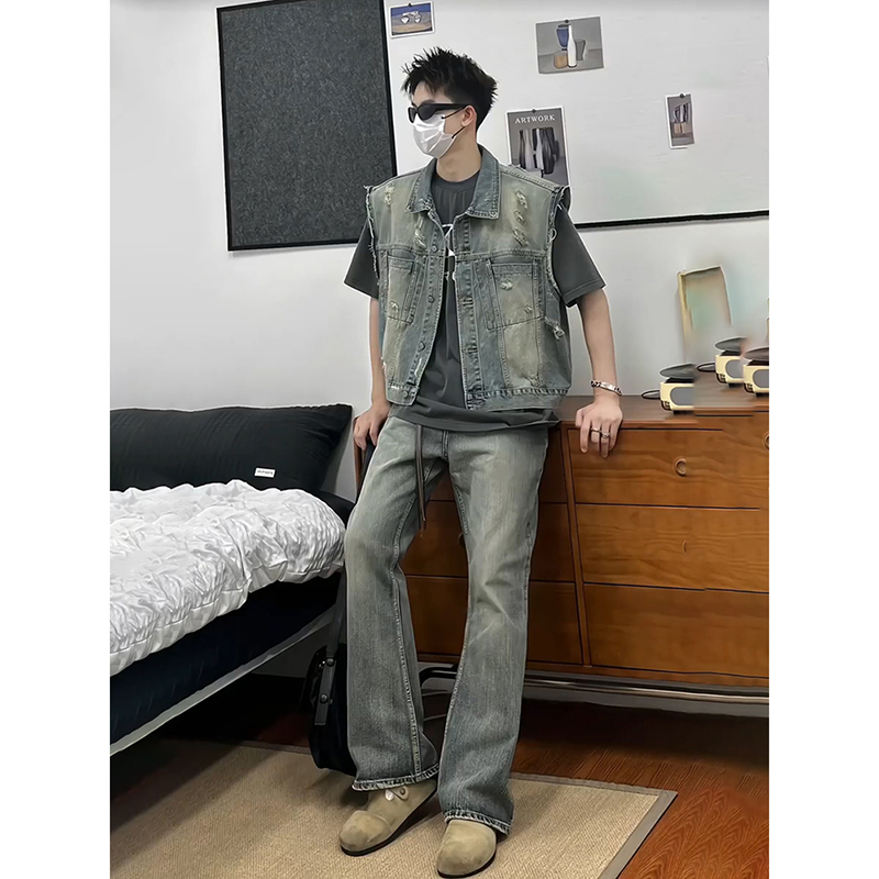 ベスト メンズ ヴィンテージ加工ノースリーブデニムジャケット