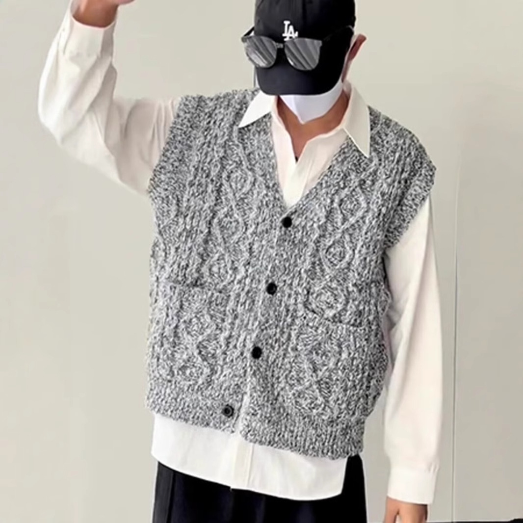 ベスト メンズ 立体模様のレトロ風ニットベスト