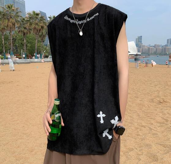 メンズ ベスト メンズ ノースリーブベスト 黒 夏用 十字架柄