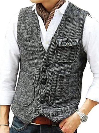 メンズ ベスト ヘリンボーン柄多機能ポケット付きデニムジレベスト