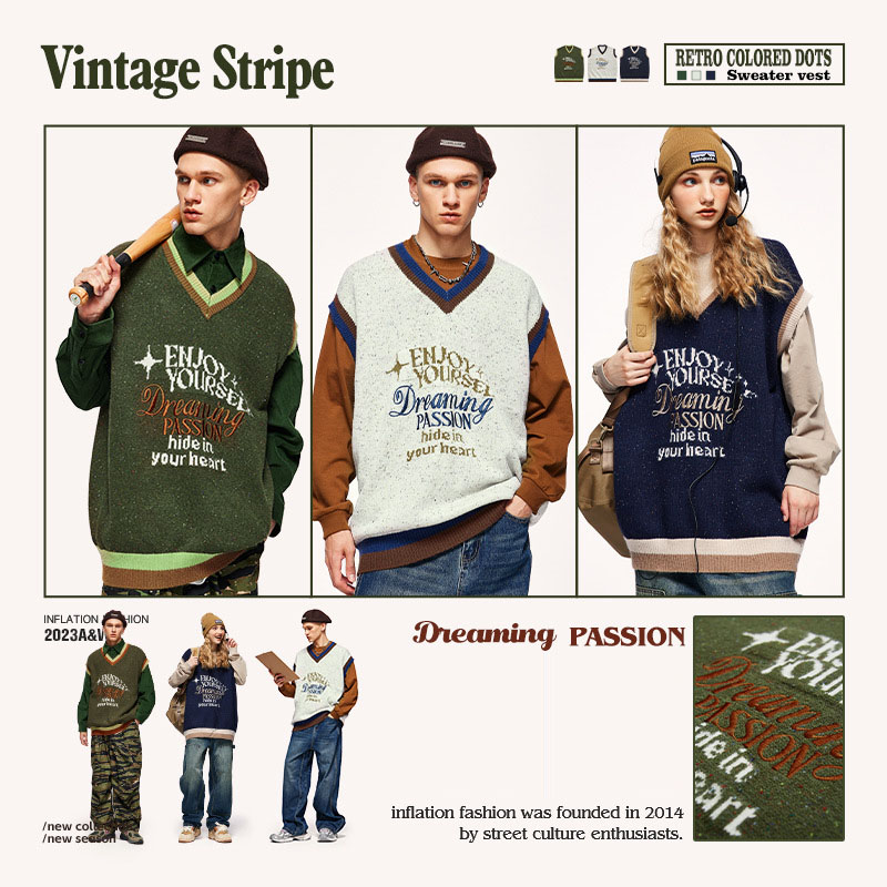 メンズ ベスト 刺繍入りニットベスト メンズ ヴィンテージ風 全3色