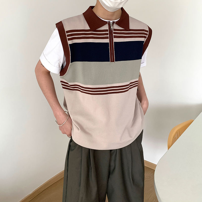 ベスト メンズ ボーダー柄ハーフジップニットベスト
