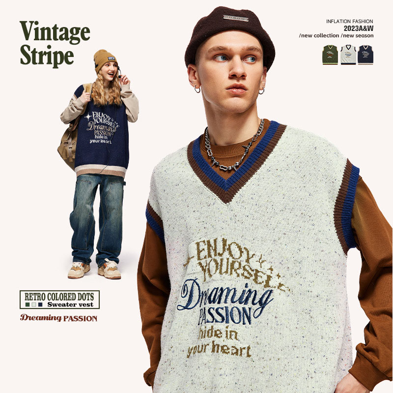 メンズ ベスト 刺繍入りニットベスト メンズ ヴィンテージ風 全3色