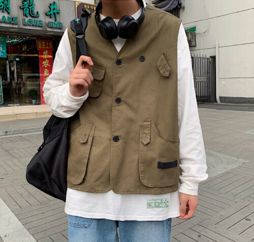 メンズ ベスト 多機能ポケット付き黒無地