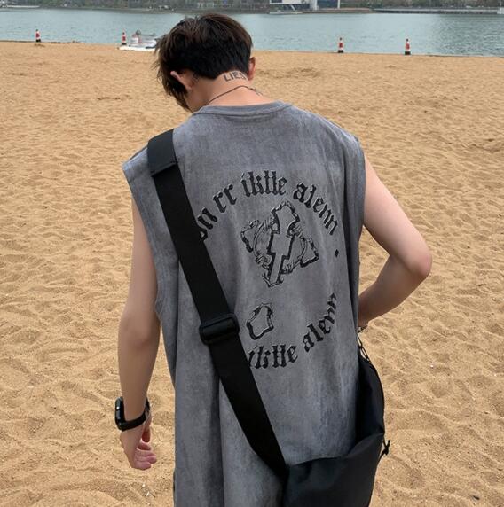 メンズ ベスト メンズ ノースリーブベスト 黒 夏用 十字架柄