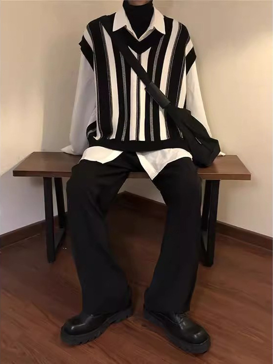 ベスト メンズ レトロストライプ ゆったりニットベスト