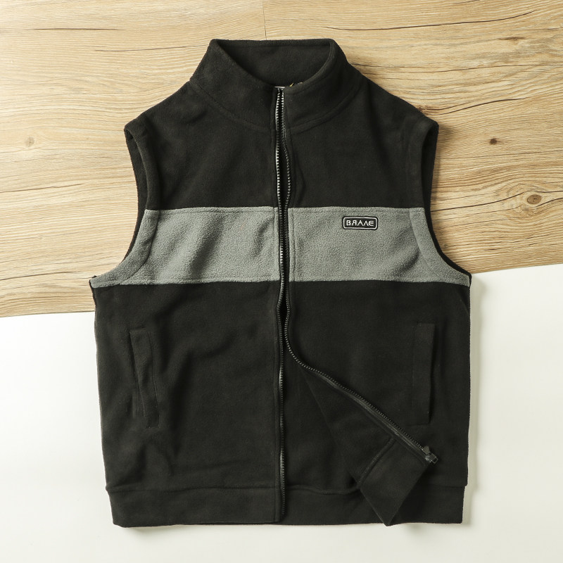 メンズ ベスト 配色切替デザイン フルジップ スタンドカラーフリースベスト