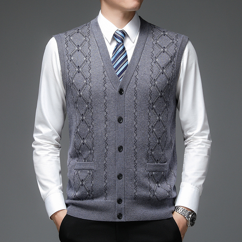 メンズ ベスト 菱形編み模様ボタン式ニットベスト