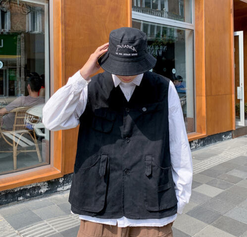 メンズ ベスト 多機能ポケット付き黒無地