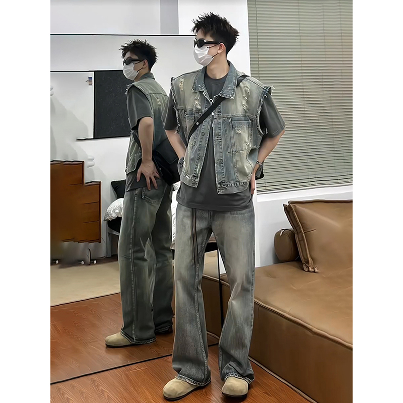 ベスト メンズ ヴィンテージ加工ノースリーブデニムジャケット