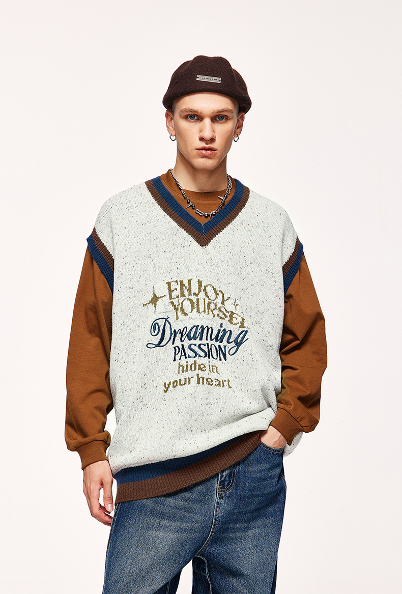 メンズ ベスト 刺繍入りニットベスト メンズ ヴィンテージ風 全3色