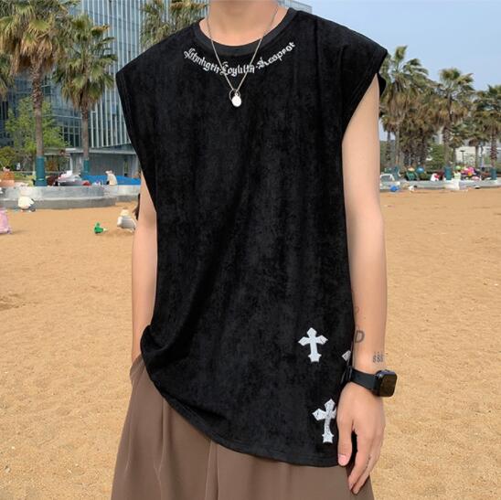 メンズ ベスト メンズ ノースリーブベスト 黒 夏用 十字架柄