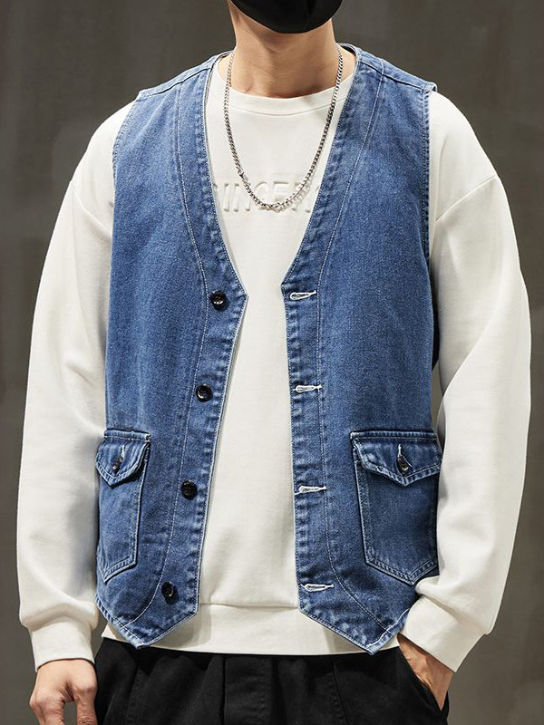 メンズ ベスト ヴィンテージ風デニムベストボタン留めポケット付き