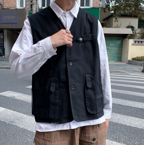 メンズ ベスト 多機能ポケット付き黒無地