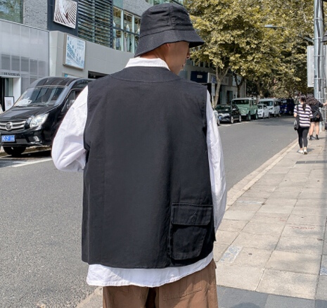 メンズ ベスト 多機能ポケット付き黒無地