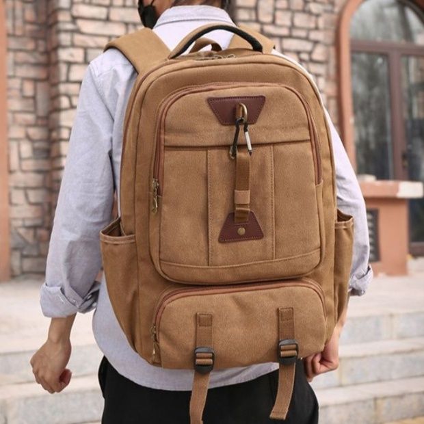 多機能ポケット搭載キャンバス生地 旅行大容量リュック