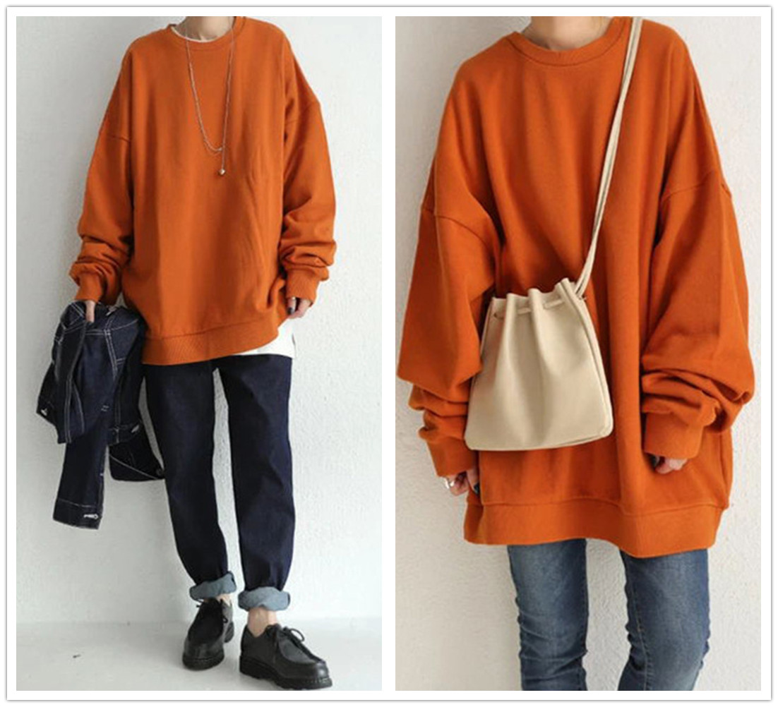 大きめサイズ 秋冬新作 丸首長袖プルオーバー 無地ゆったりトップス