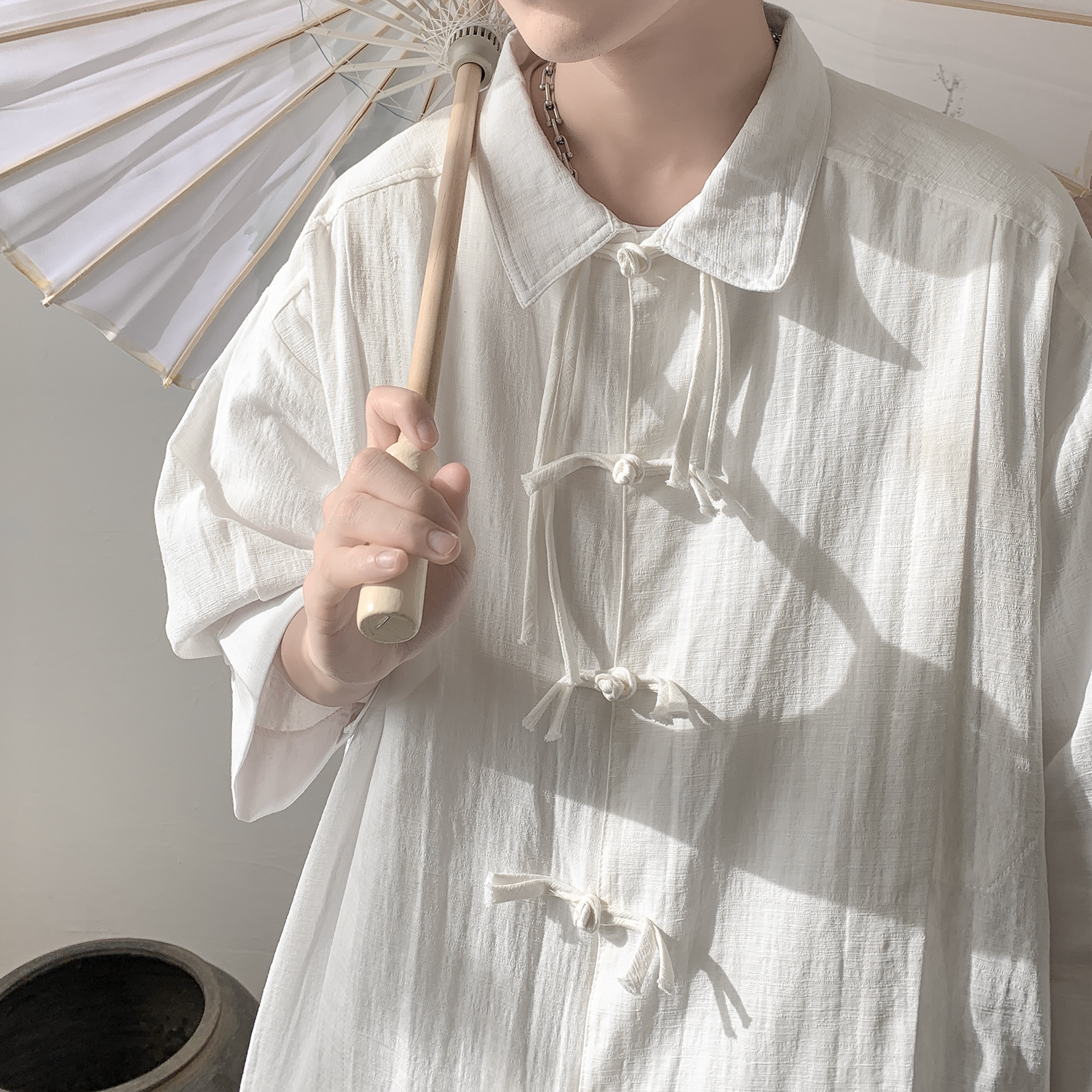 大きめサイズ 涼感麻風チャイナボタン長袖ゆったりシャツ