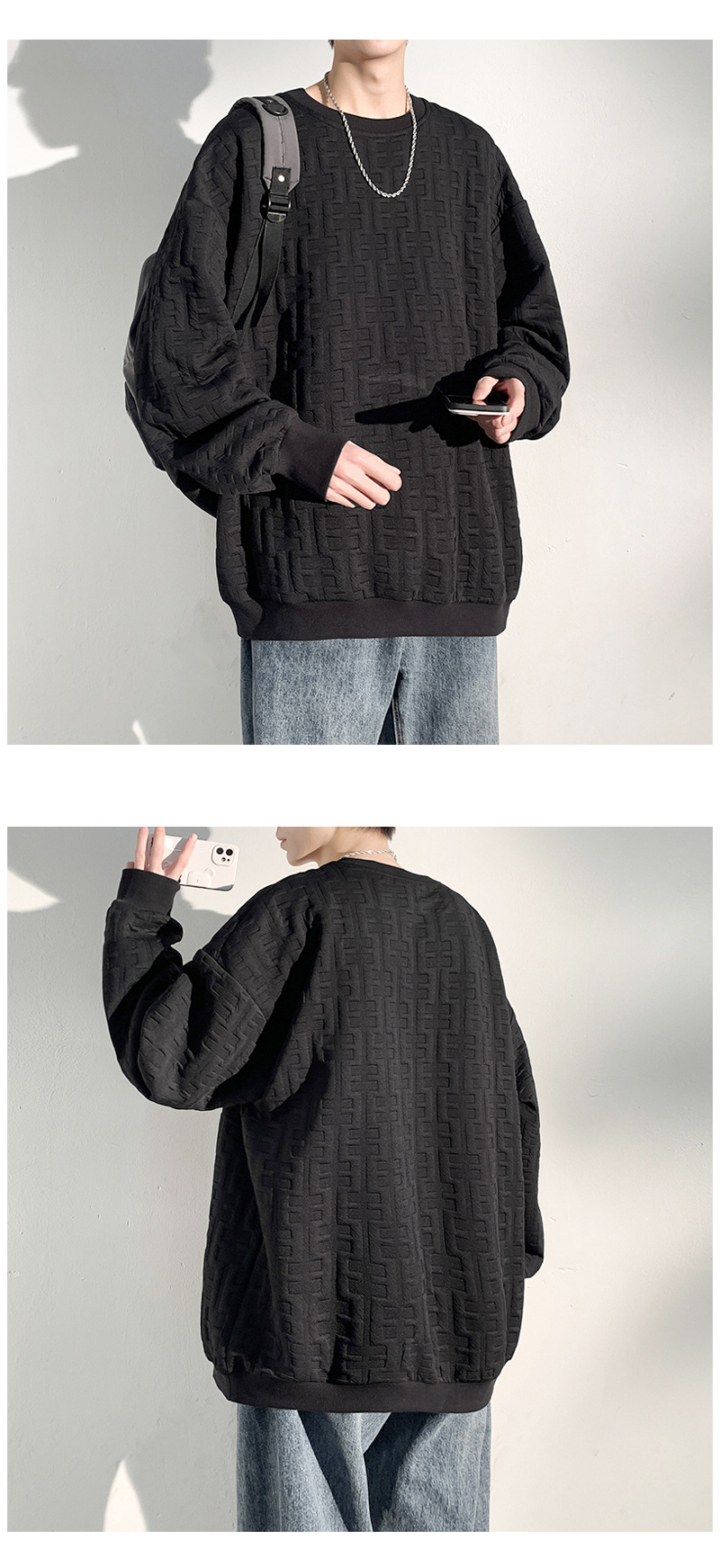 春新作 立体織り柄 長袖プルオーバー 大きめサイズ メンズトップス