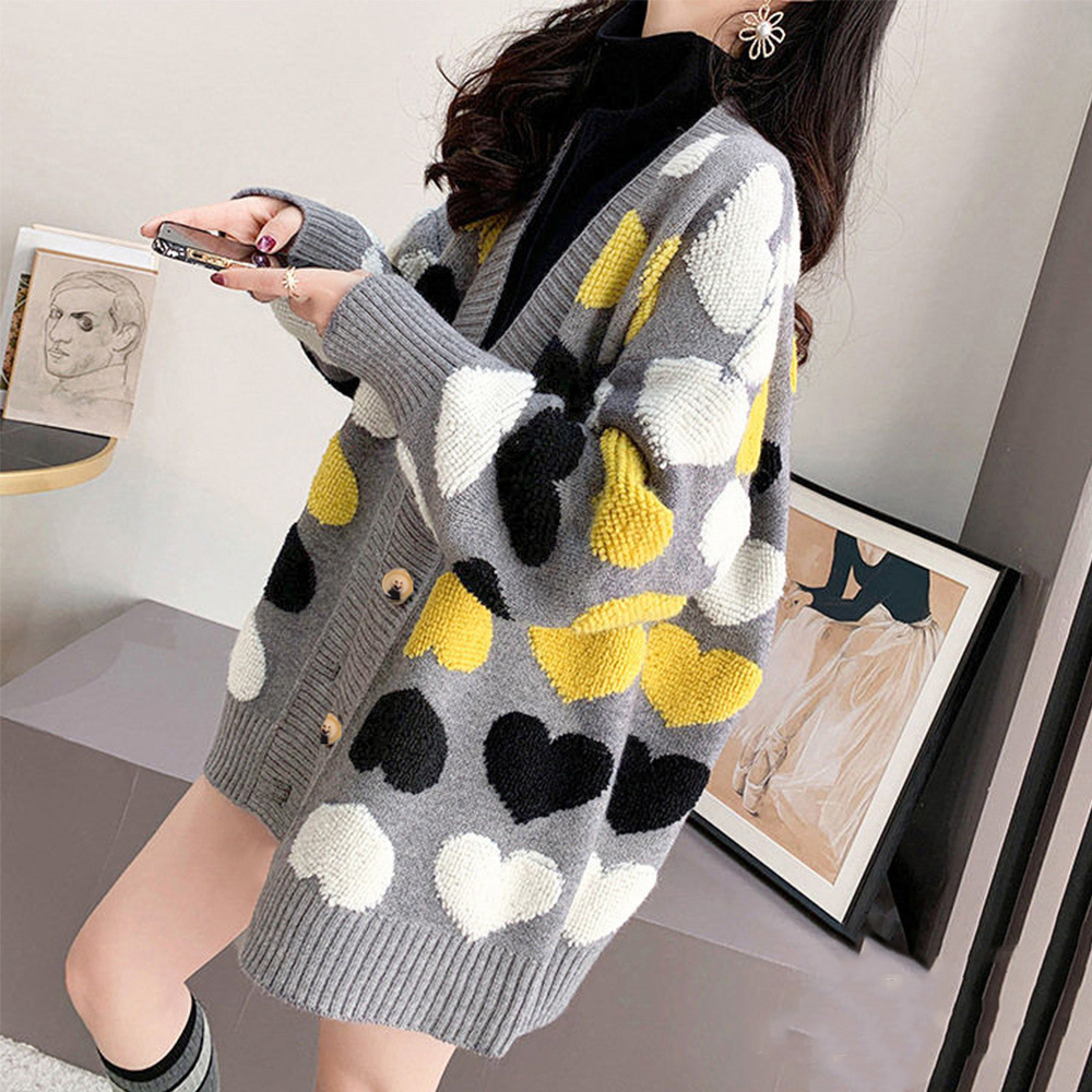 ハート柄配色ニットカーディガン大きめサイズレディース