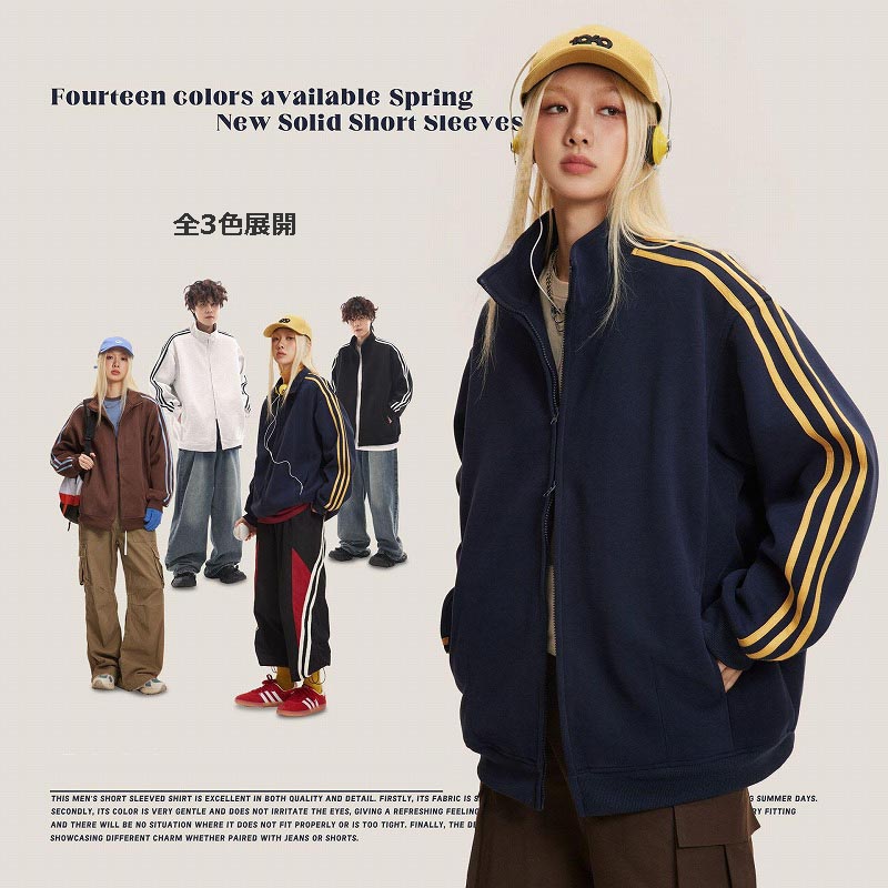 大きめサイズ 男女兼用復古風拉鍊運動外套大尺寸全三色