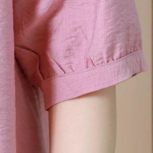 大きめサイズ 花柄刺繍入り五分袖立襟ブラウス