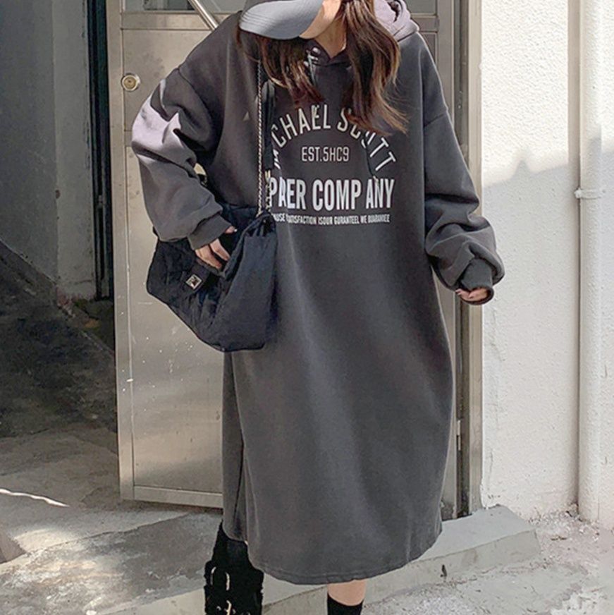 裏起毛フード付きロゴプリントワンピース大きめサイズ スウェット