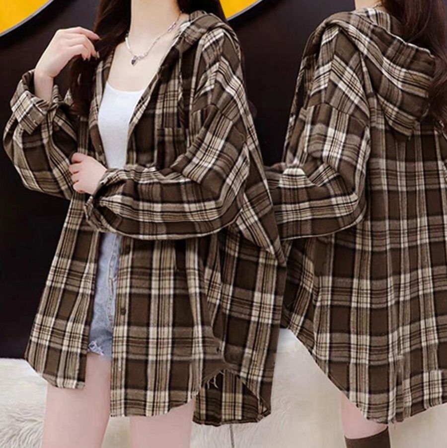 大きめサイズ フード付きチェックシャツ大きめゆったり体型カバー