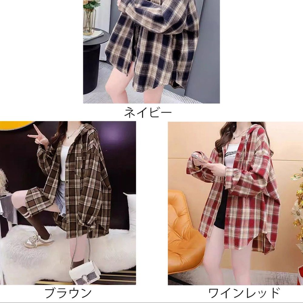大きめサイズ フード付きチェックシャツ大きめゆったり体型カバー