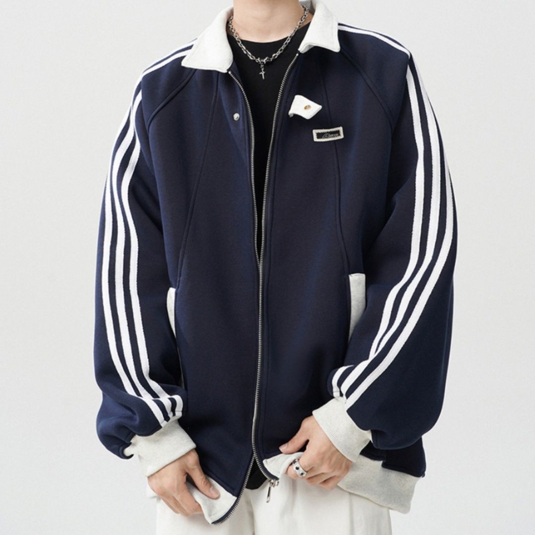 大きめサイズ 袖ライン入り大襟ジップアップスタジャン風 パーカー