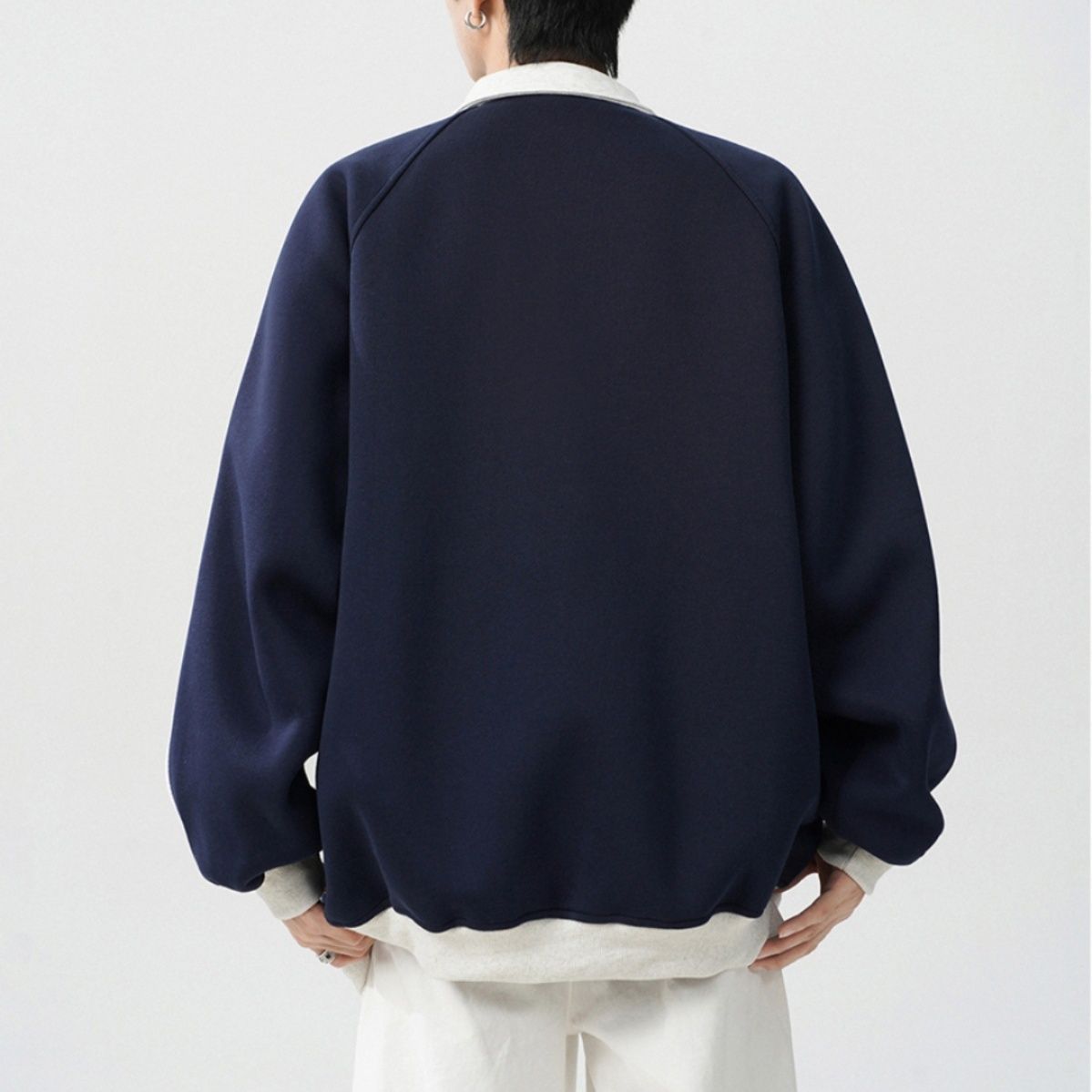 大きめサイズ 袖ライン入り大襟ジップアップスタジャン風 パーカー