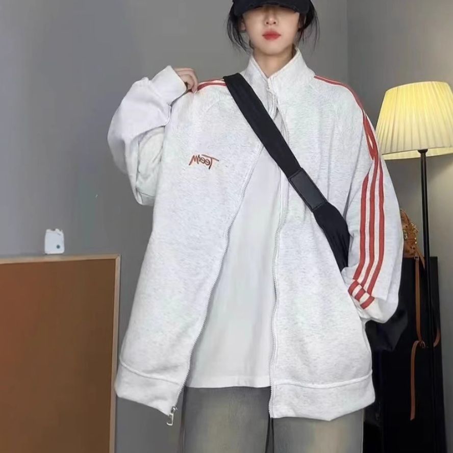 大きめサイズ 袖ライン入りジップアップトラック　パーカー