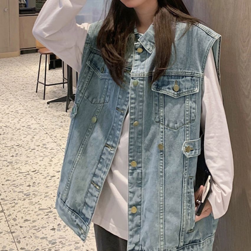 大きめサイズ デニムベスト 重ね着ジレ