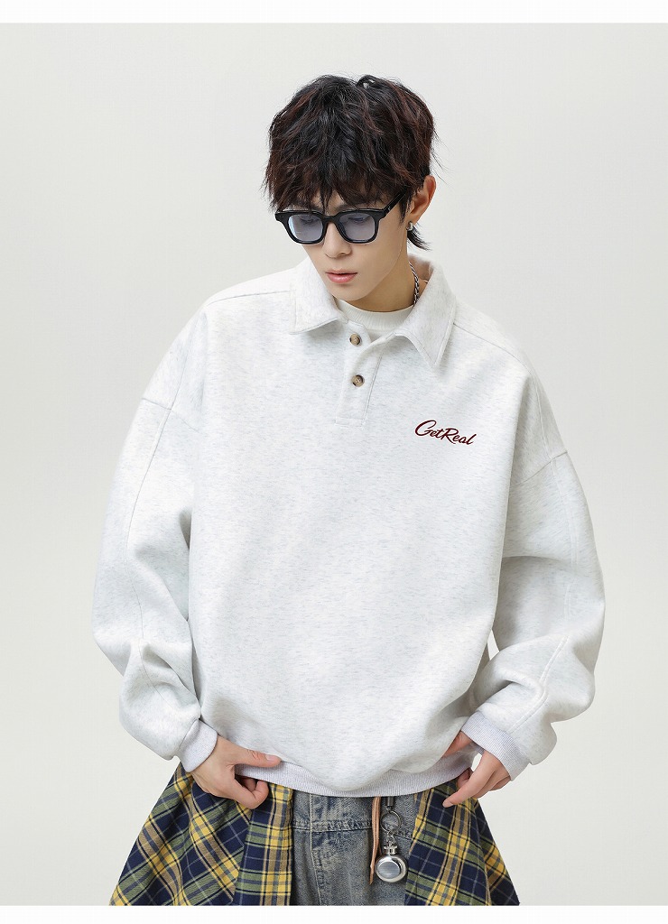 大きめサイズ メンズ 秋新作 ヴィンテージ風 襟付き長袖プルオーバースウェット 全3色