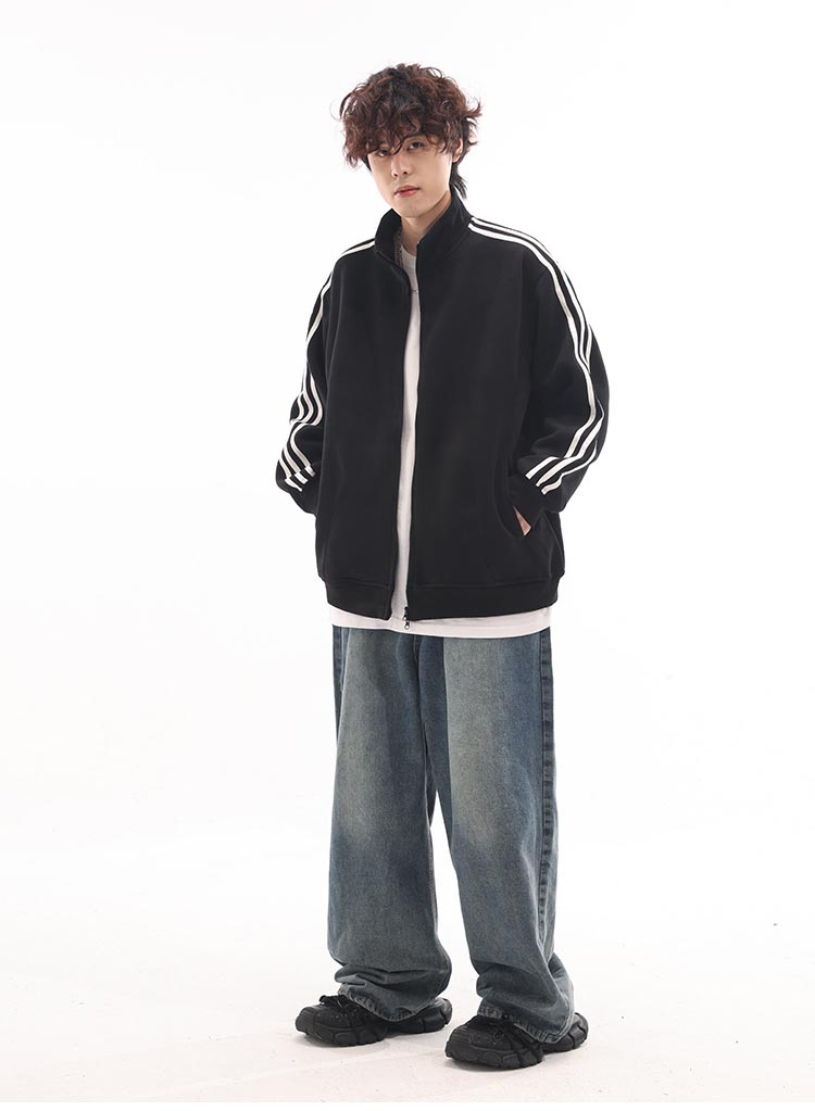大きめサイズ 男女兼用復古風拉鍊運動外套大尺寸全三色