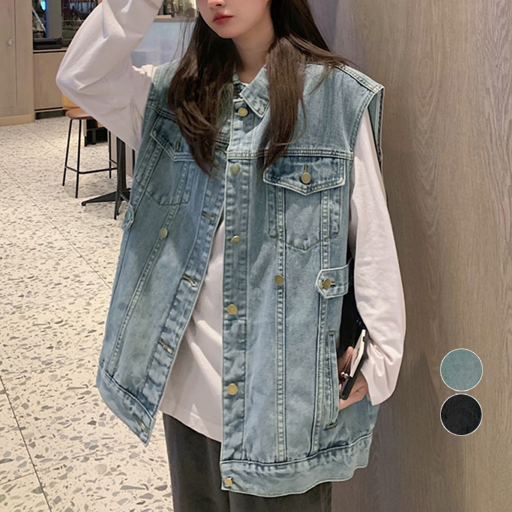 大きめサイズ デニムベスト 重ね着ジレ