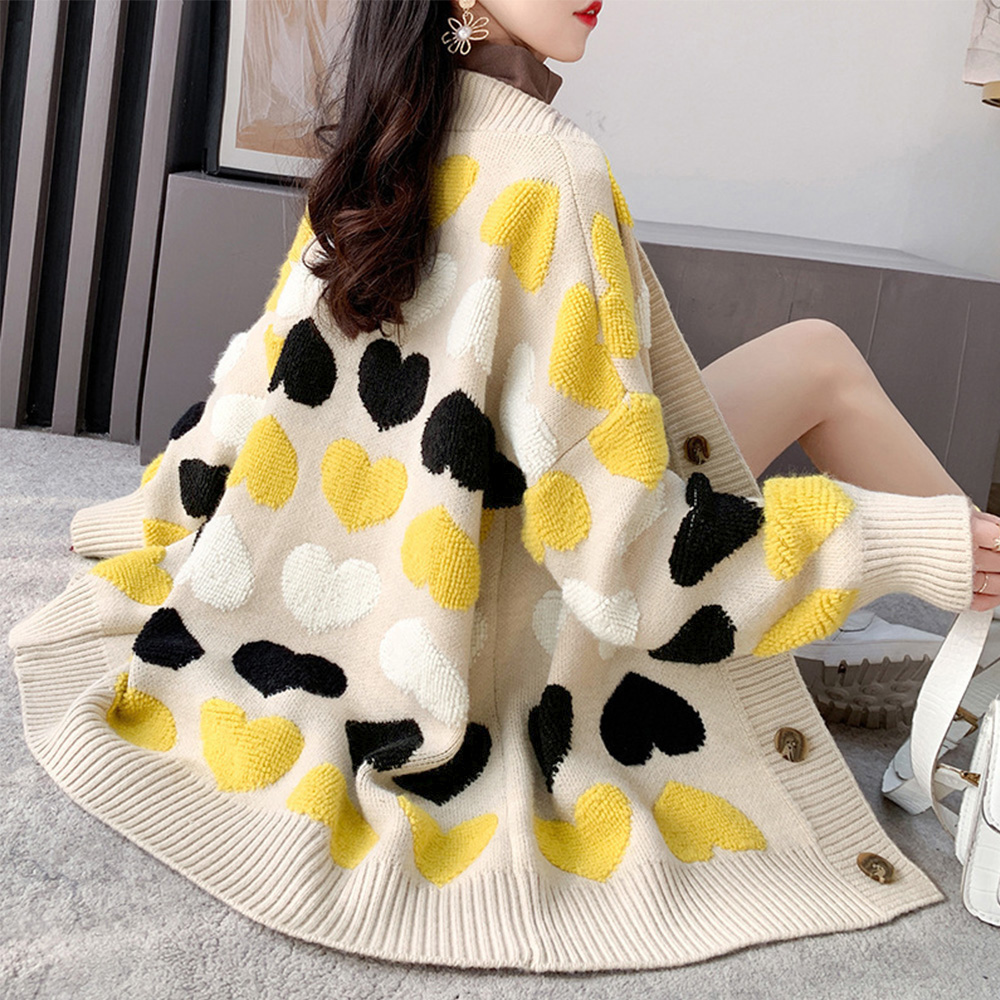 ハート柄配色ニットカーディガン大きめサイズレディース