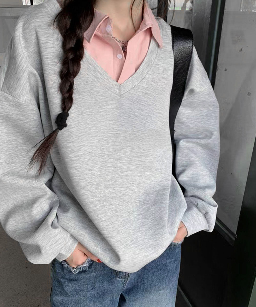 大きめサイズ シャツ襟切り替え大きめスウェット長袖
