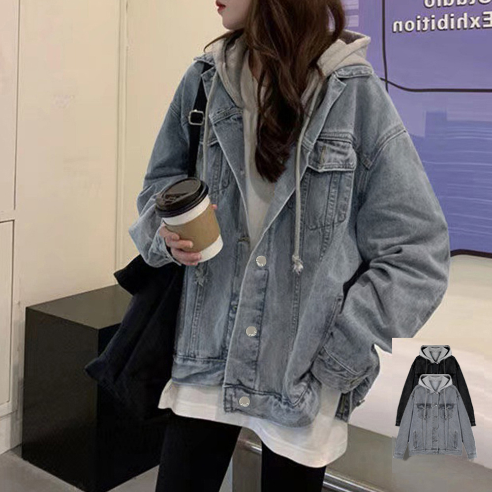 大きめサイズ 韓国風フード付きデニムジャケット大きめゆったり