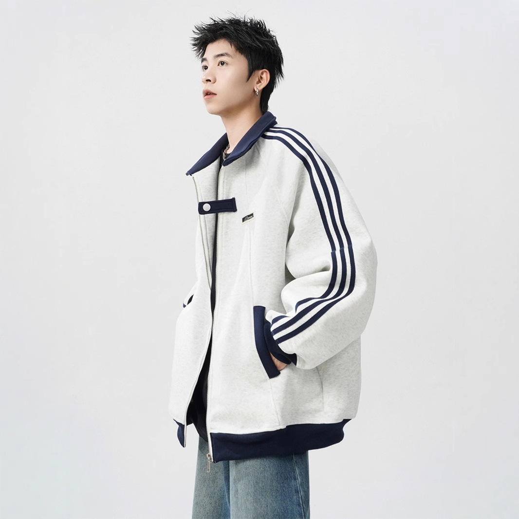 大きめサイズ 袖ライン入り大襟ジップアップスタジャン風 パーカー