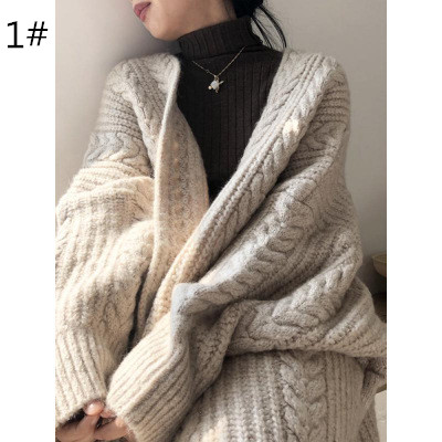 ケーブル編み膝丈ニットカーディガン大きめサイズ
