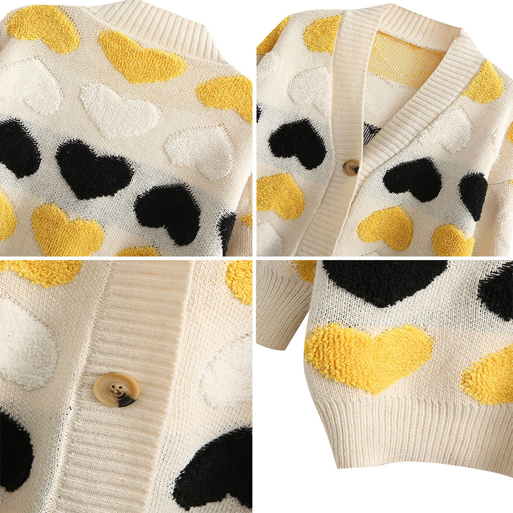 ハート柄配色ニットカーディガン大きめサイズレディース