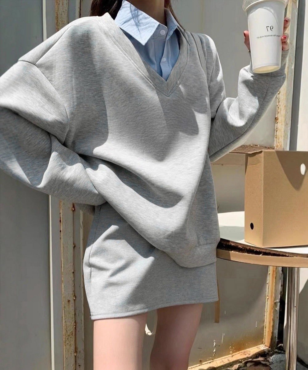 大きめサイズ シャツ襟切り替え大きめスウェット長袖